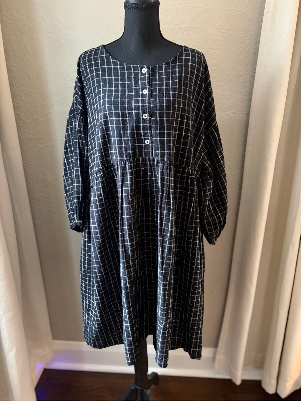 ABLE Nico Swing Dress Black Windowpane Gingham Button-Front Babydoll Dress - Picture 2 of 8